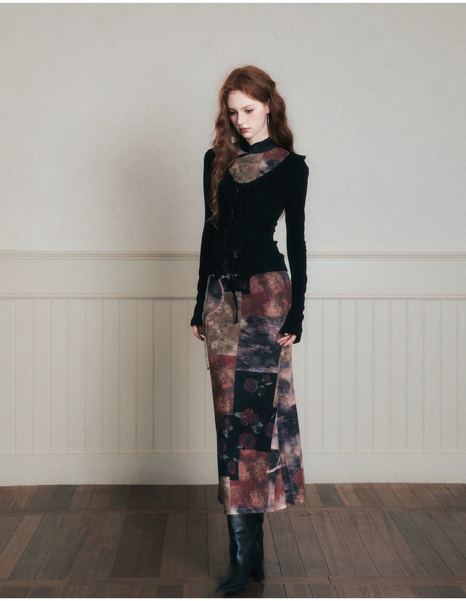 Vintage Noir Patchwork Cheongsam Maxi Dress