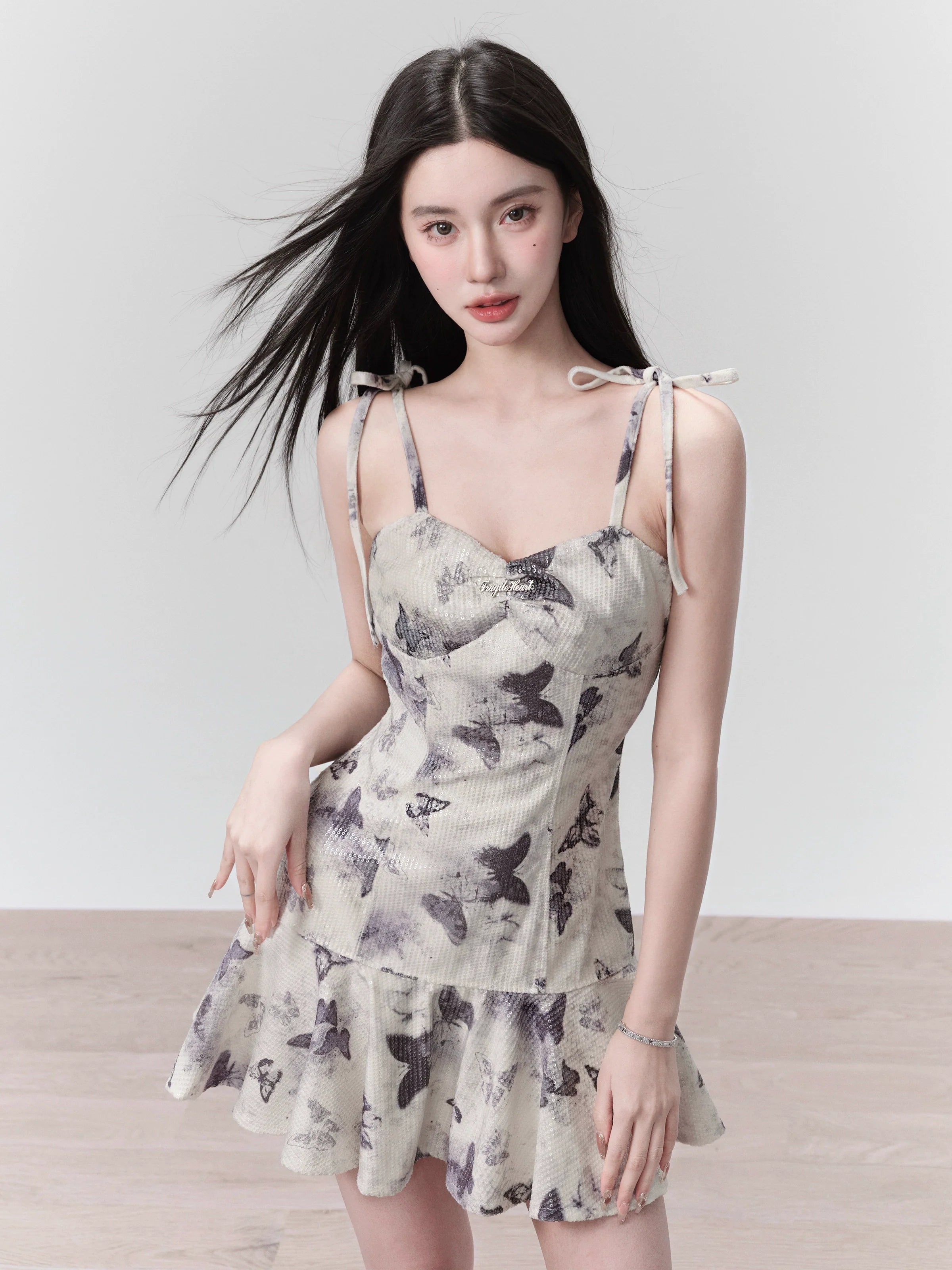 Butterfly Print Spaghetti Strap Dress with Ruffle Hem