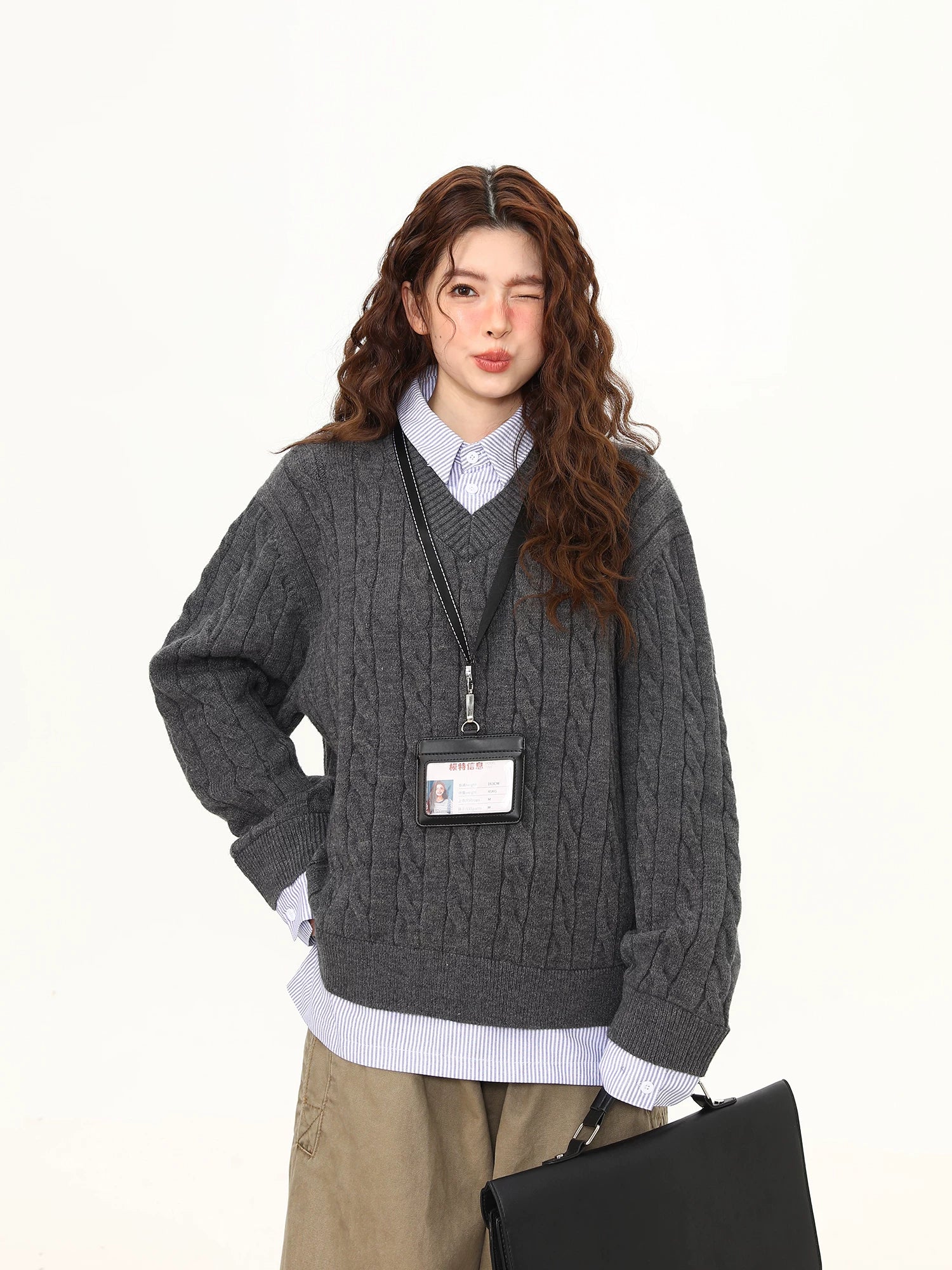 Charcoal Campus Cable Knit Crew Sweater