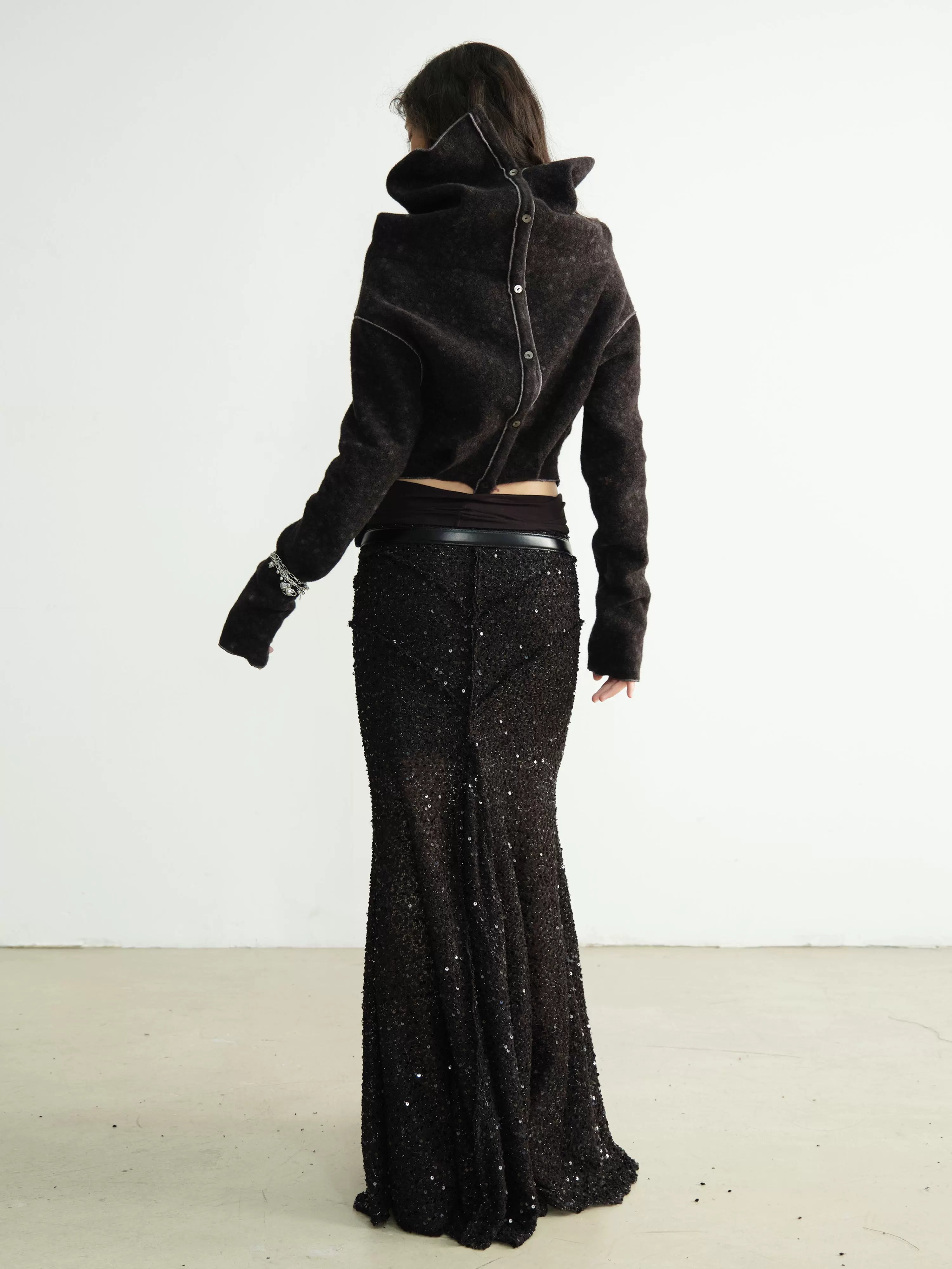 Drape Cowl-Neck Textured Knit Cardigan