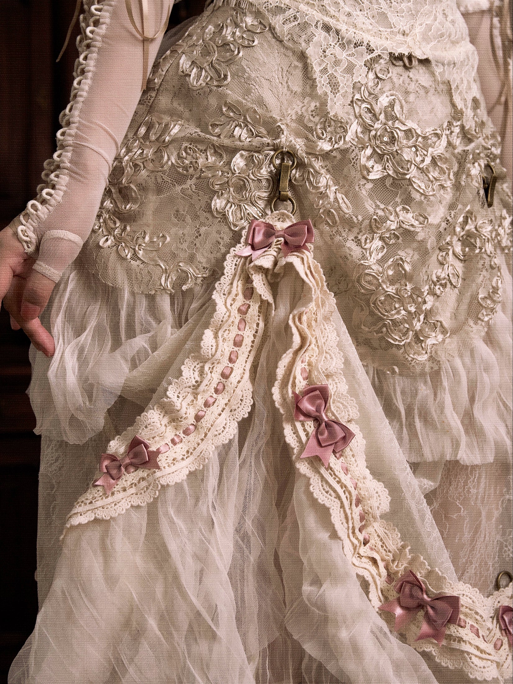 Victorian Ivory Layered Lace Skirt with Pink Bows