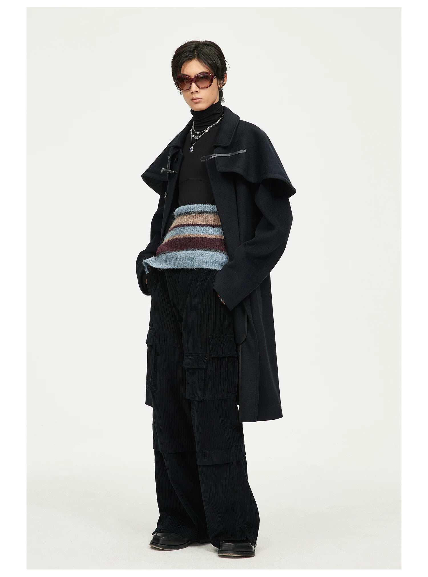 Black Cape-Detail Long Coat