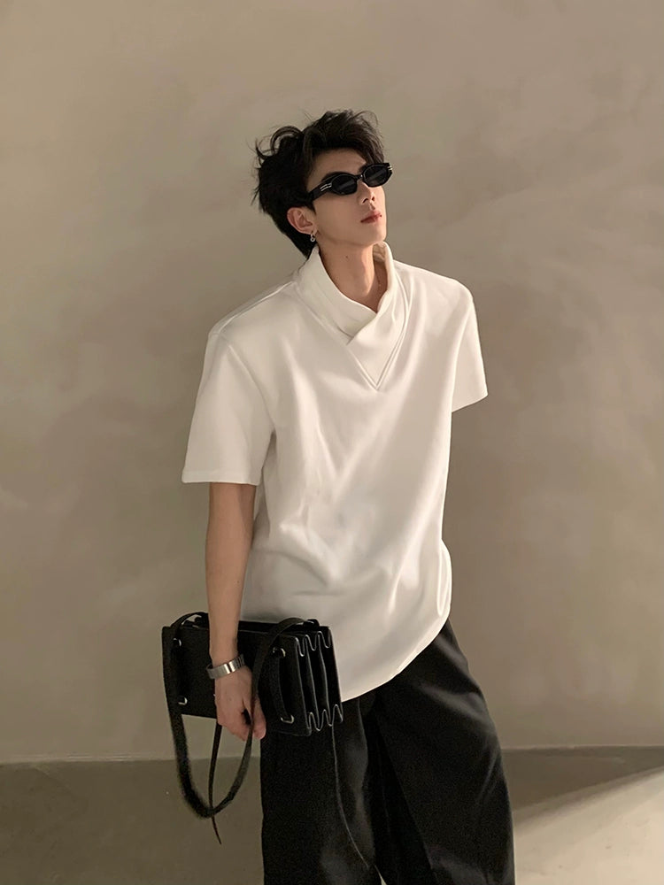 Minimalist Short Sleeve Shirt with Overlapping High Collar