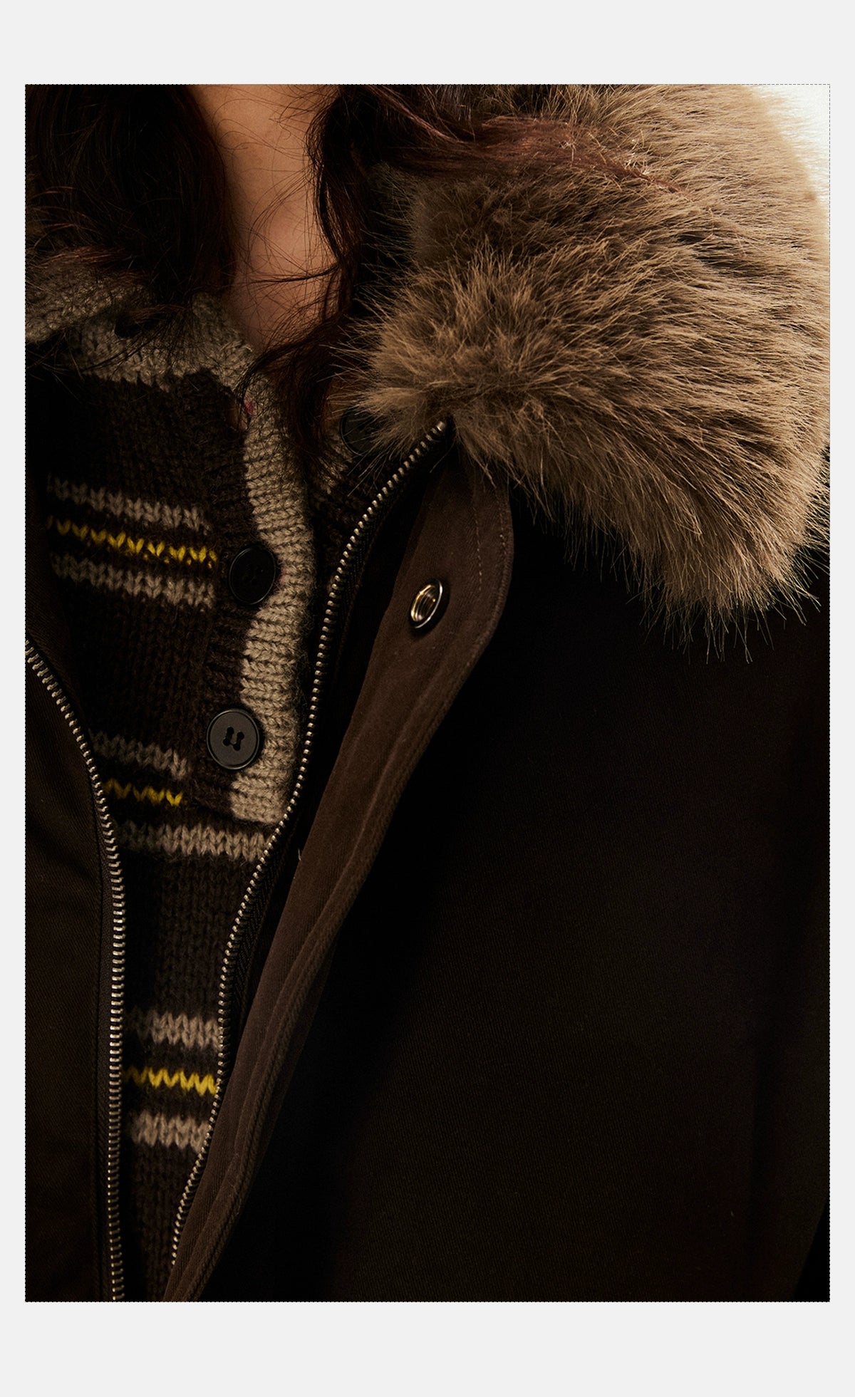Oversized Faux Fur Collar Dark Brown Jacket