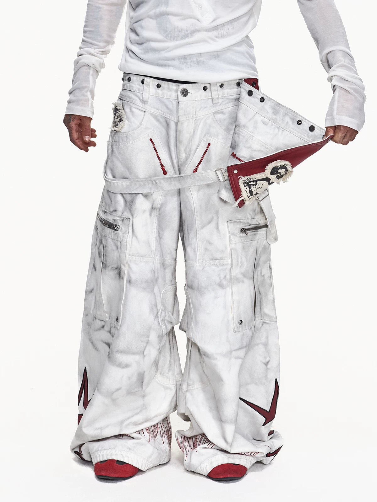 Detachable Apron Wide-Leg Cargo Pants - white front view