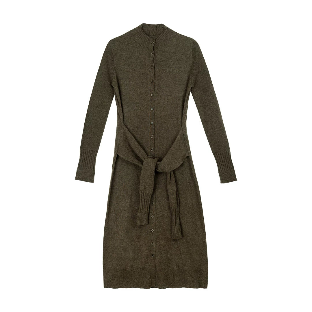Button-Front Knit Midi Dress with Waist Tie