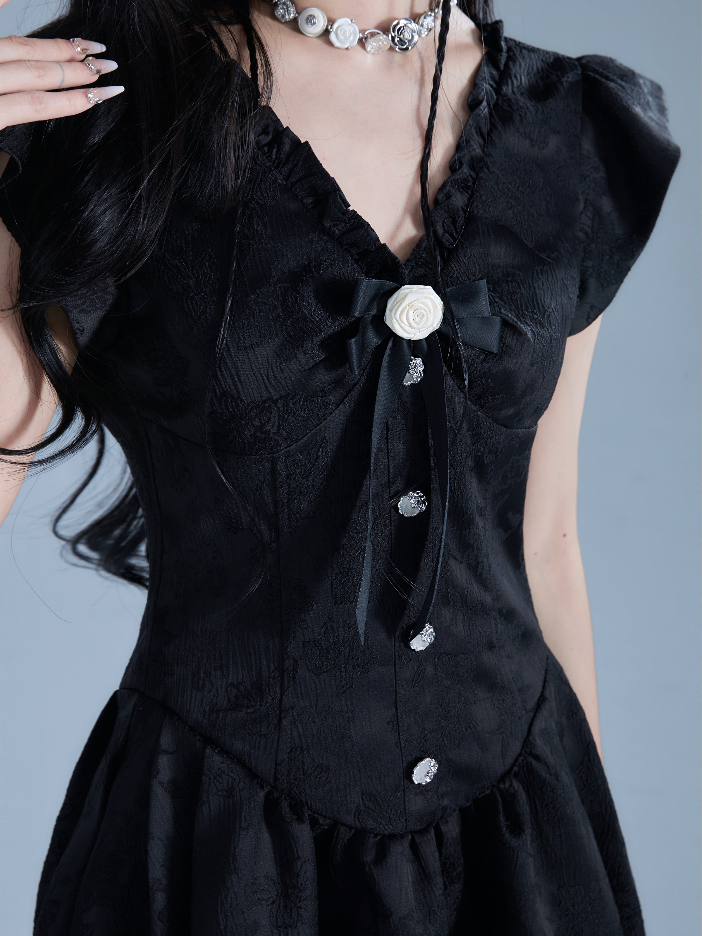 Vintage-Inspired Black Flutter Sleeve Mini Dress with Button Front