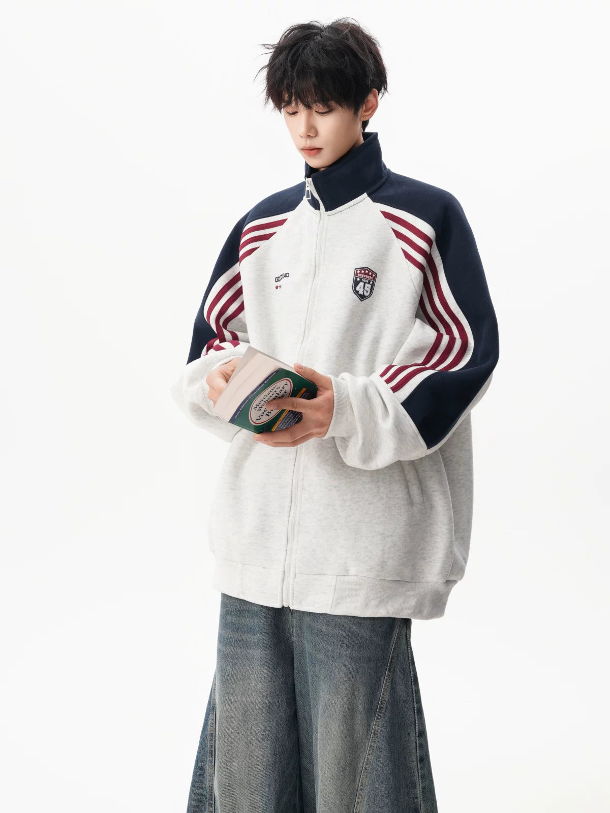 Varsity Track Stripe Zip Bomber Sweater