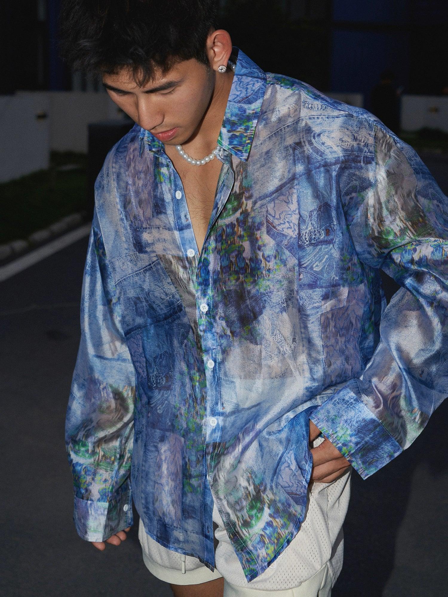 Watercolor-Style Abstract Print Button-Up Shirt