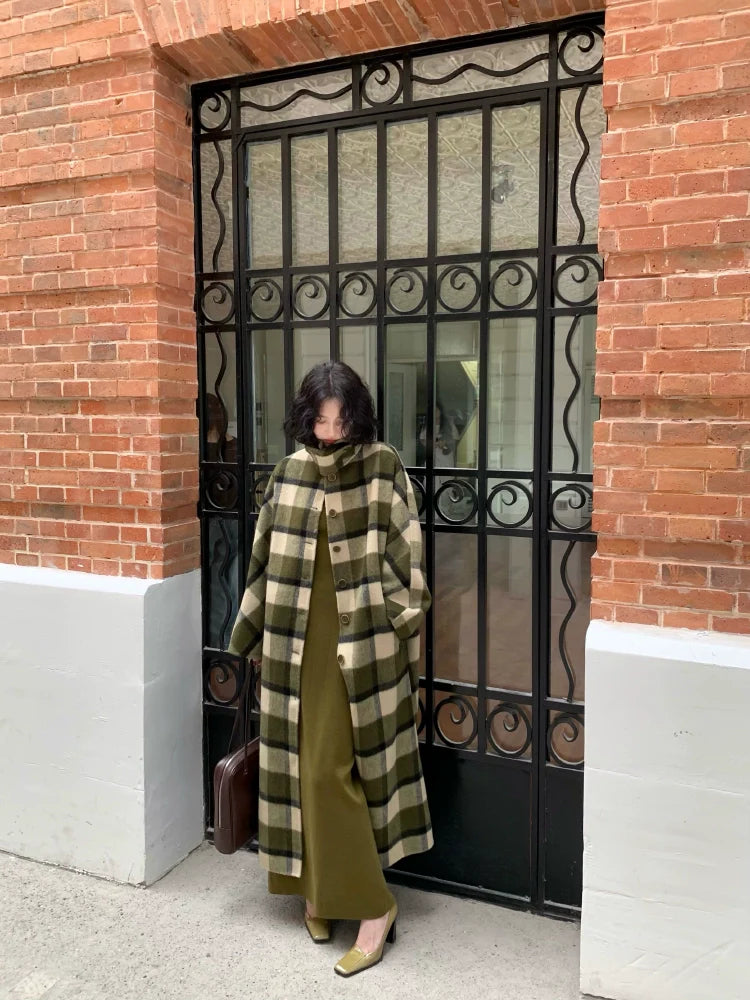 Olive Green Plaid Button-Up Wool Coat