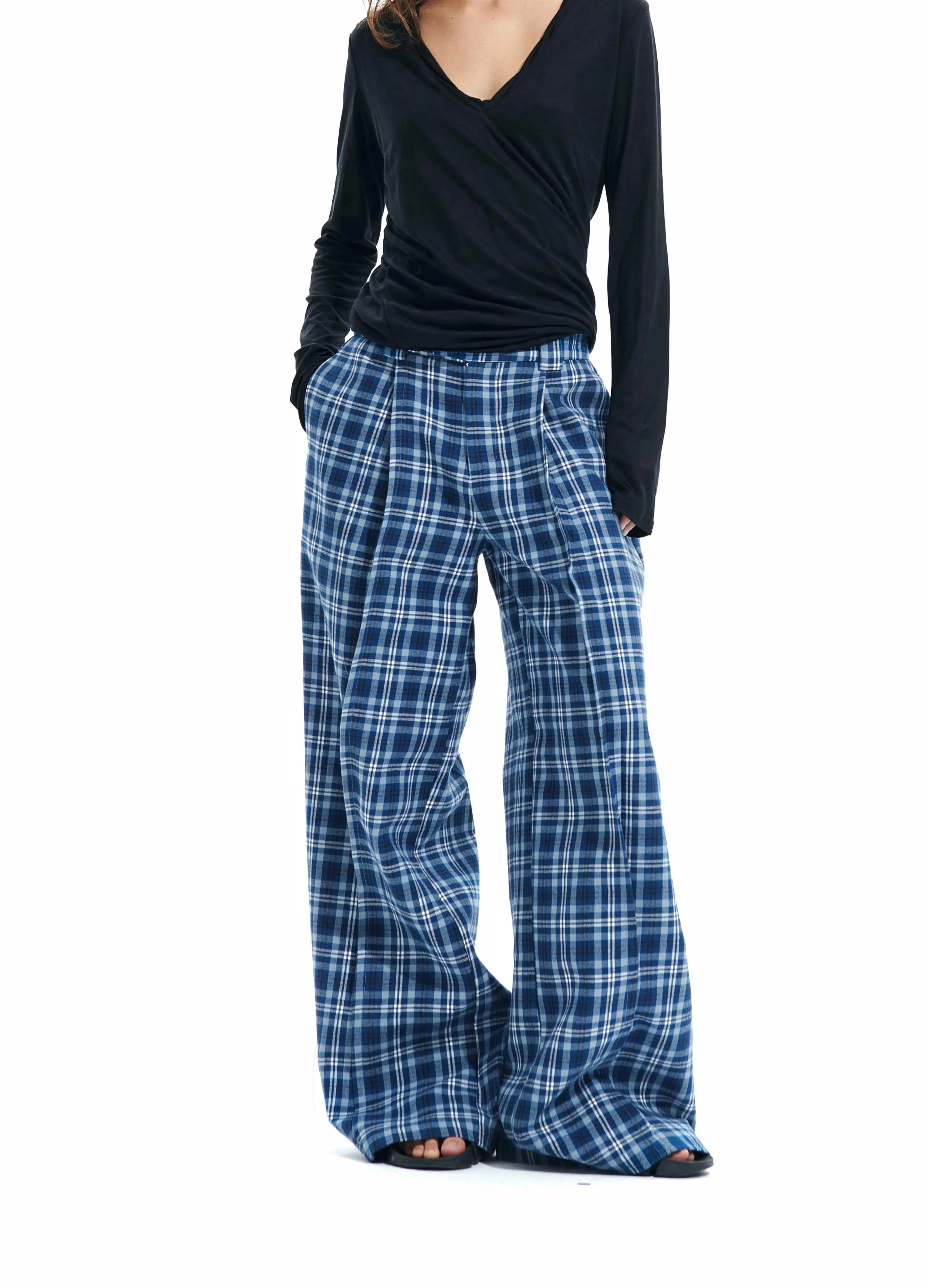 Wide-Leg Plaid Casual Pants