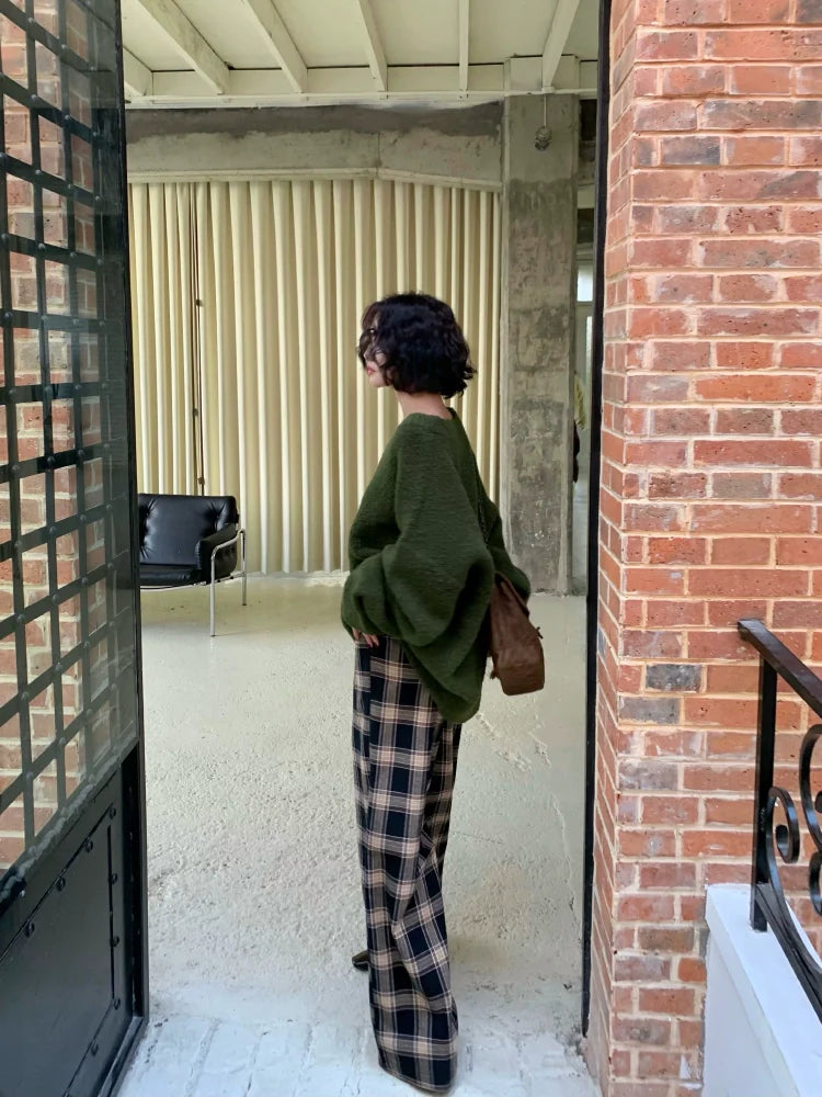 Casual Black Plaid Wide Leg Pants