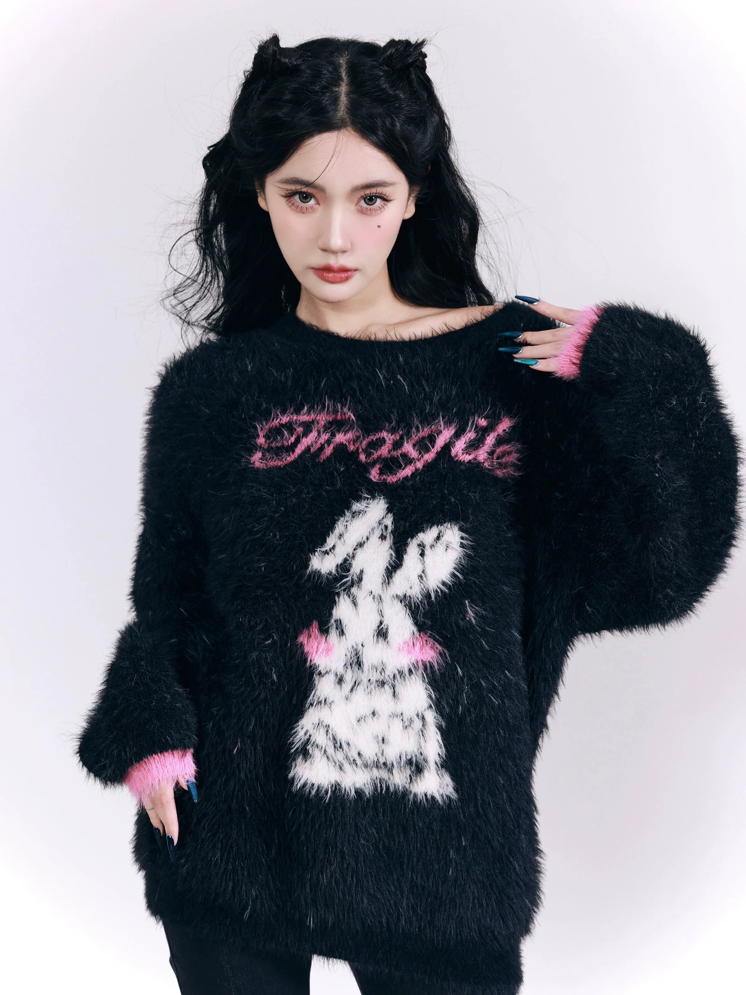 Fuzzy Bunny 'Fragile Heart' Sweater - Black and Pink Fluffy Graphic Jumper