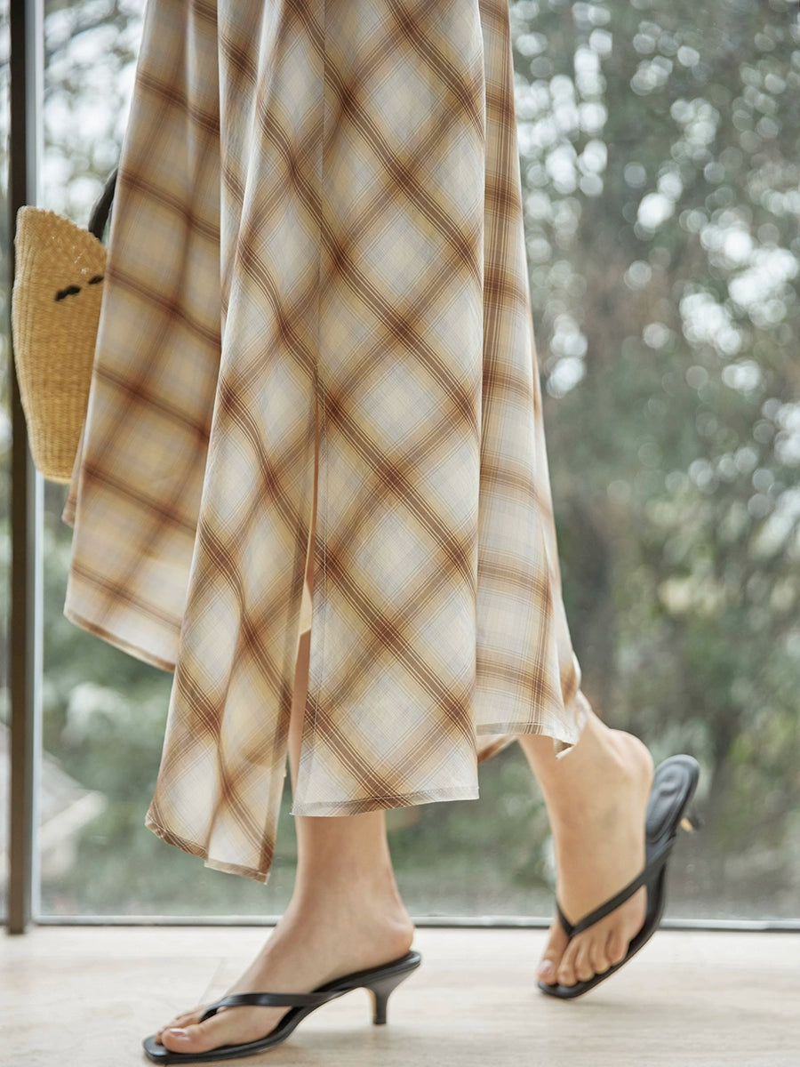 Sleeveless Beige Plaid Dress