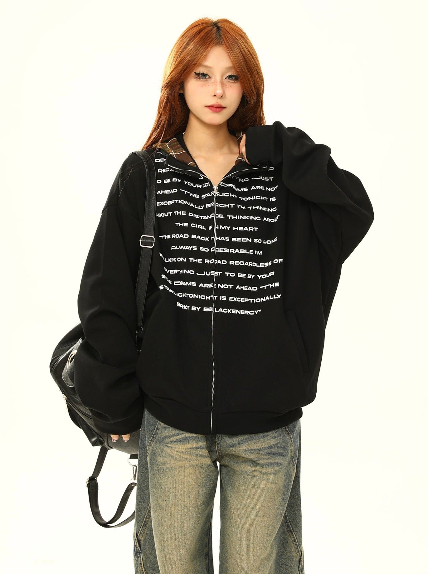 Oversized Text Print Zip-Up Sweatshirt