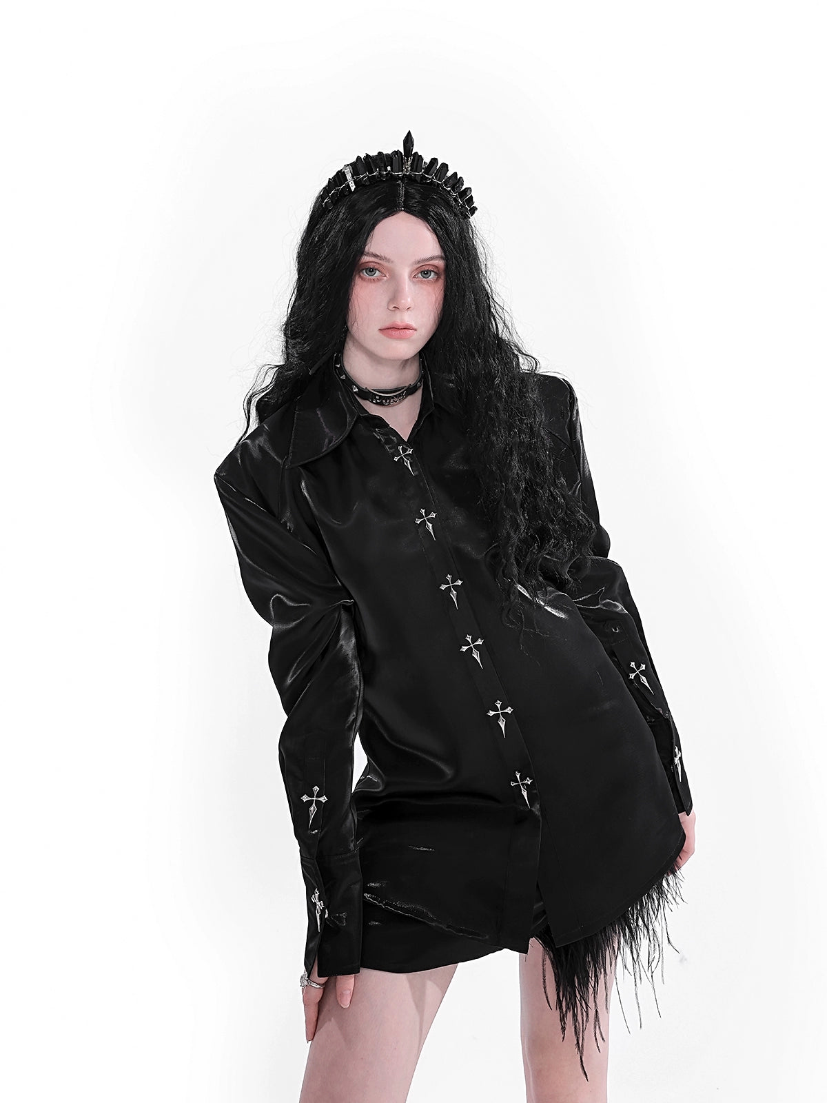 Yubaby Gothic Cross-Embroidered Satin Shirt - Long Sleeve Button-Down With Feather Trim