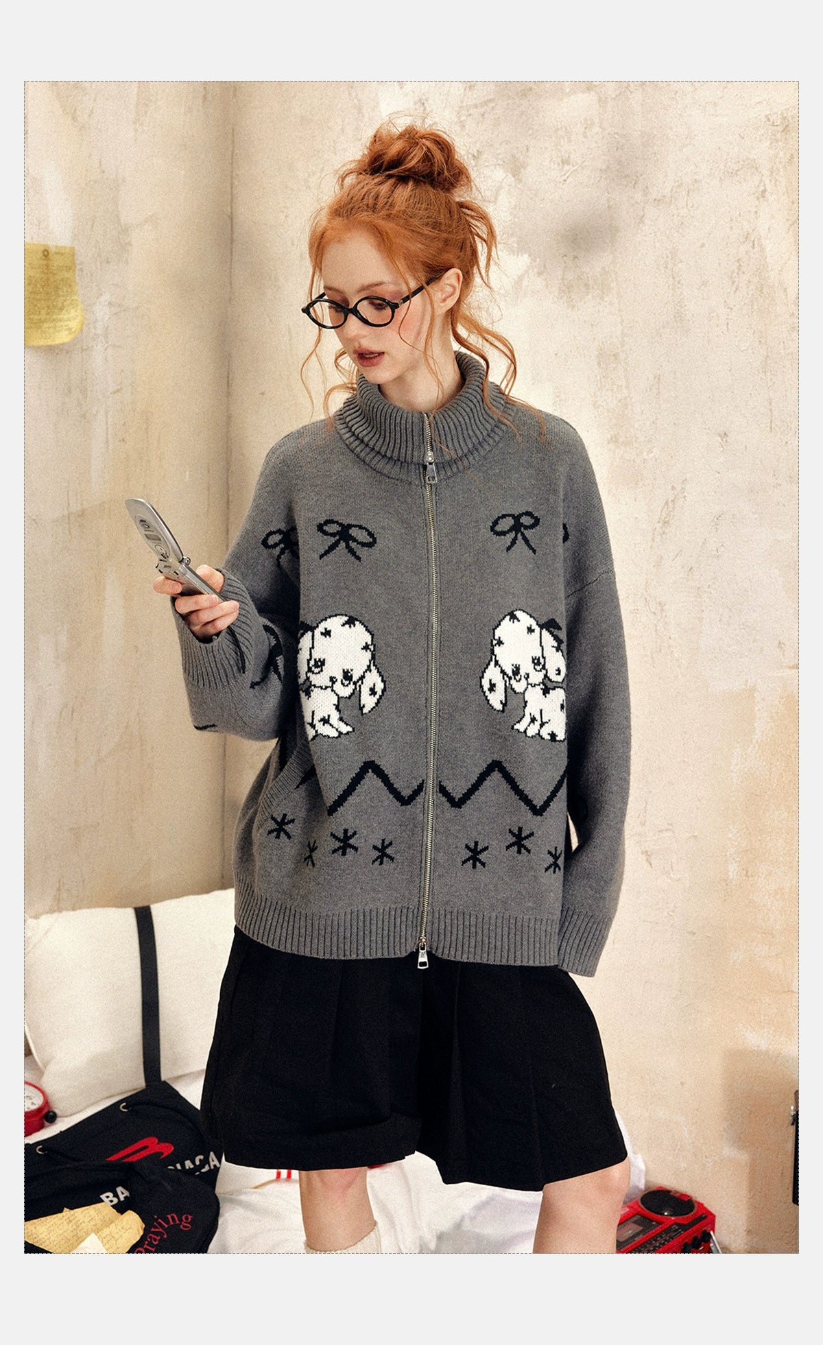 Oversized Zip-Up Sweater with Puppy Print