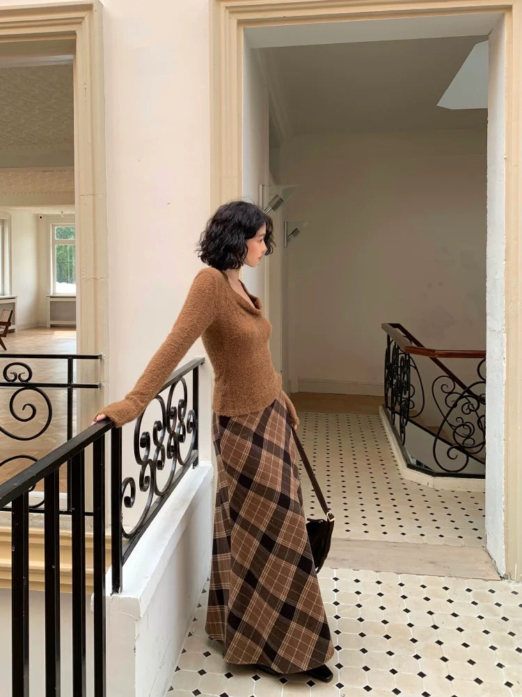 Brown and Black Plaid A-Line Maxi Skirt