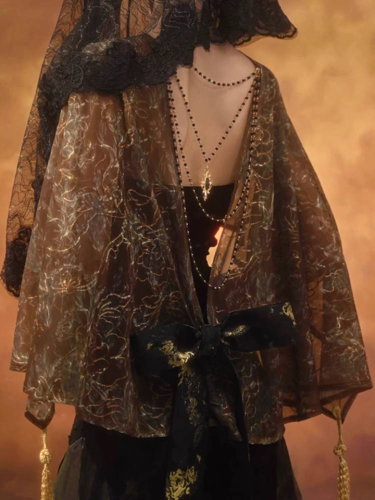 Golden Leaf Lace Shawl - Victorian Gothic Tassel Wrap