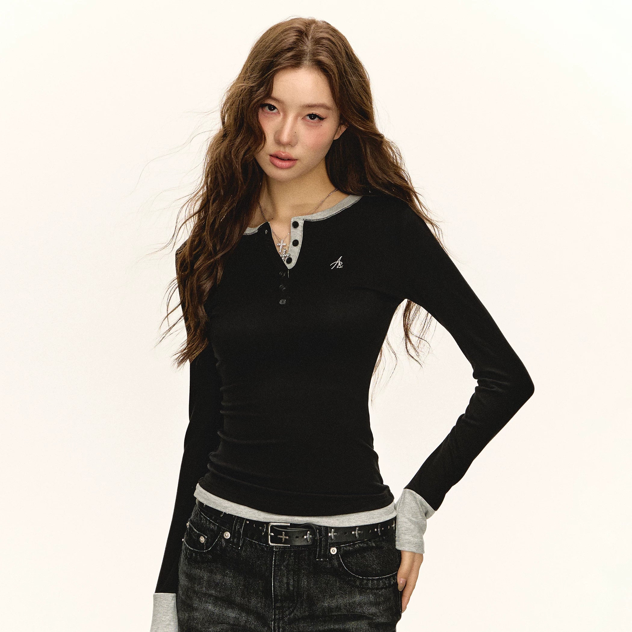 Contrast Trim Henley Long-Sleeve Top