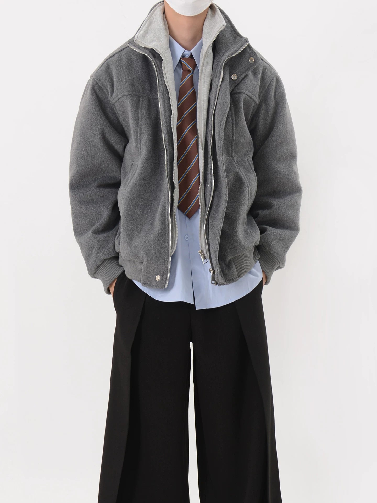 Oversized Stand-Collar Wool Bomber Jacket