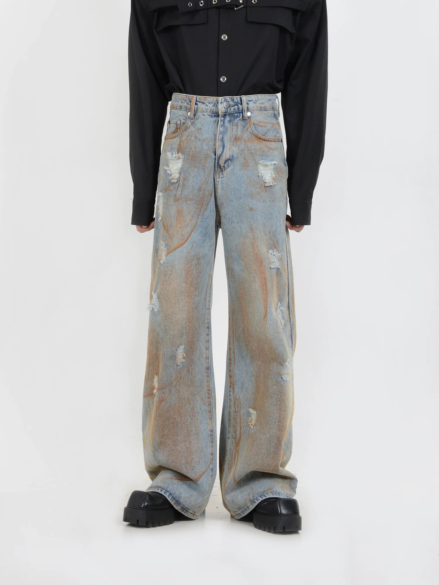 Damage Rust Wash Wide-Leg Jeans