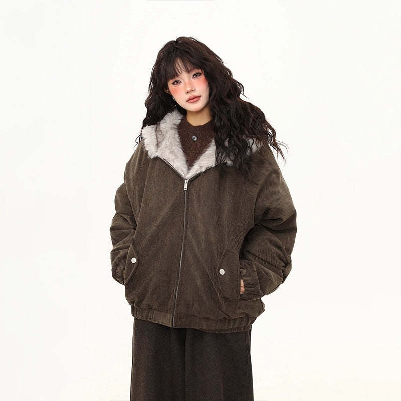Moss Herringbone Faux Fur Collar Jacket