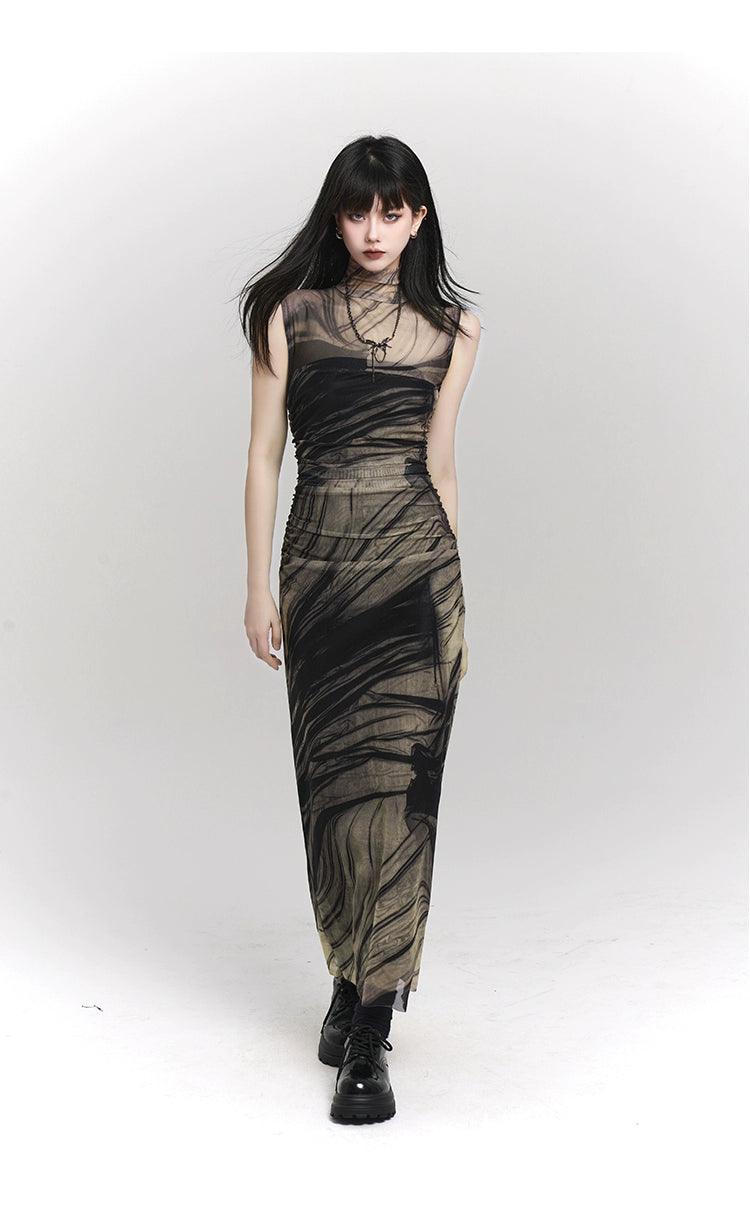 Ladyghost Smoke And Shadows Bodycon Maxi Dress - Women'S Sheer Mesh Layered Abstract Print Dress