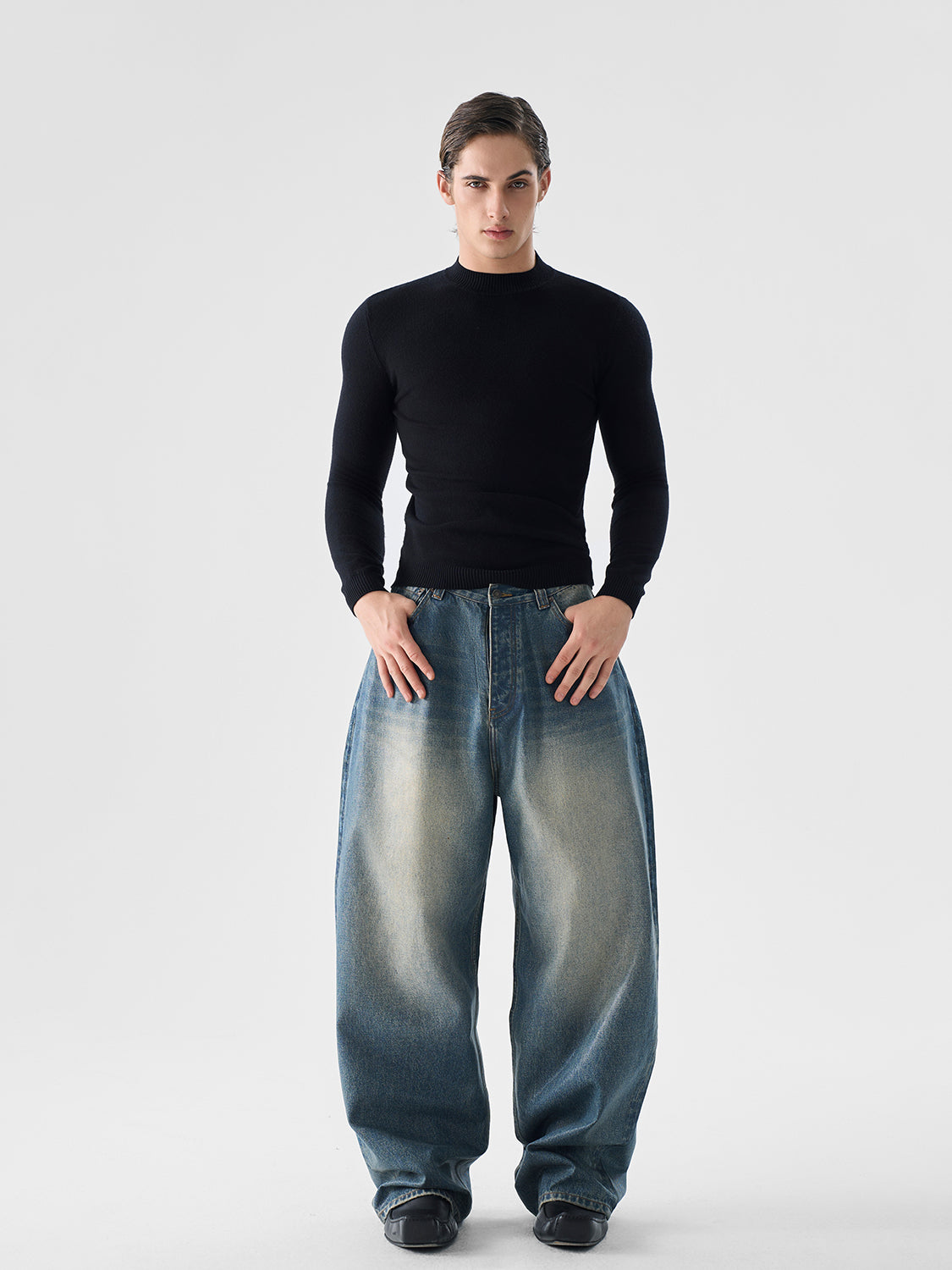 Vintage Waxed Finish Wide-Leg Jeans