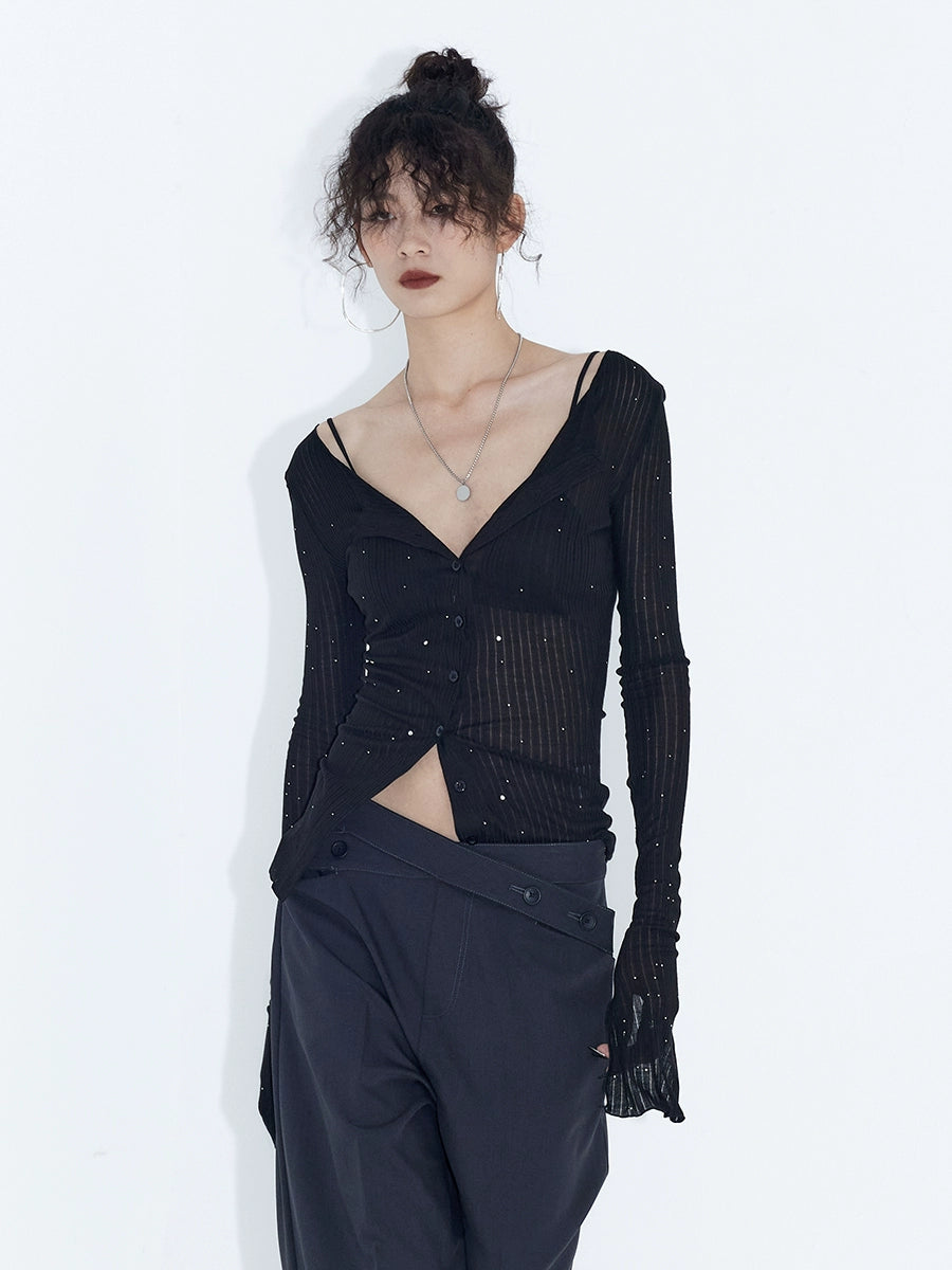 Galaxy Glint Ribbed Button Cardigan Top