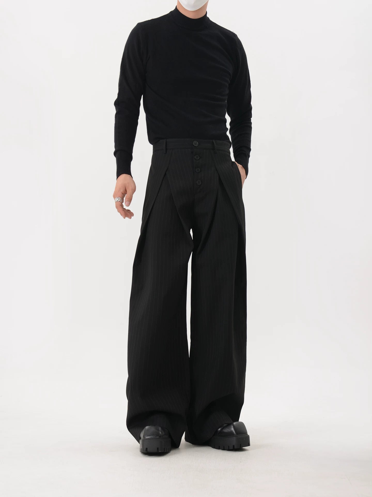 Pinstripe Button-Front Double-Pleated Ultra-Wide Leg Trousers