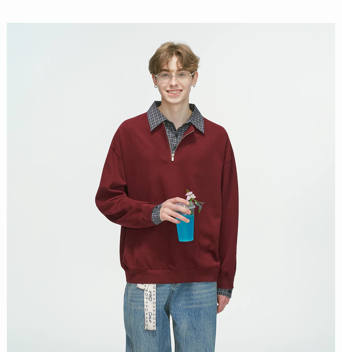 Layered Collar Half‑Zip Knit Pullover