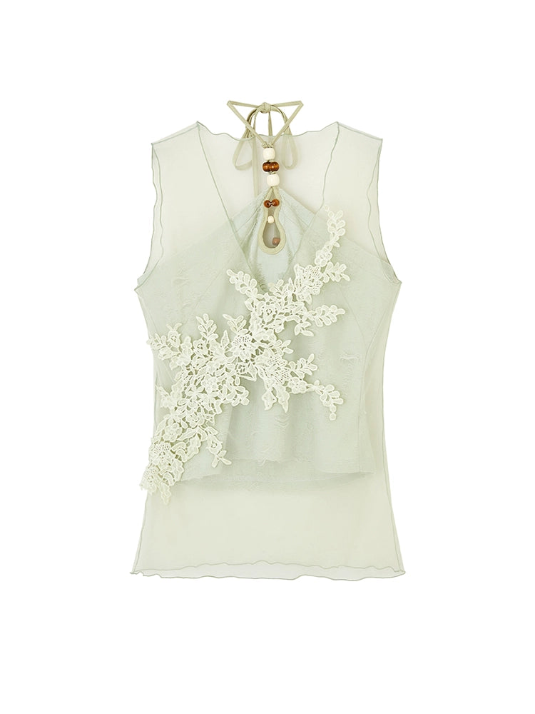 Brown Mesh Lace Sleeveless Blouse