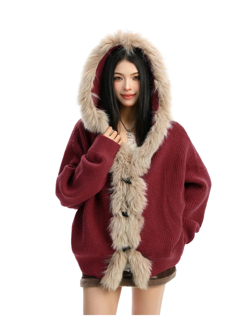 Shadow Luxe Fur-Trim Hooded Knit Cardigan