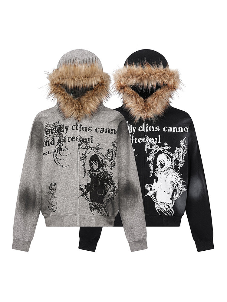 Men's Faux-Fur Collar Graphic-Print Oversized Zip-Up Hoodie
