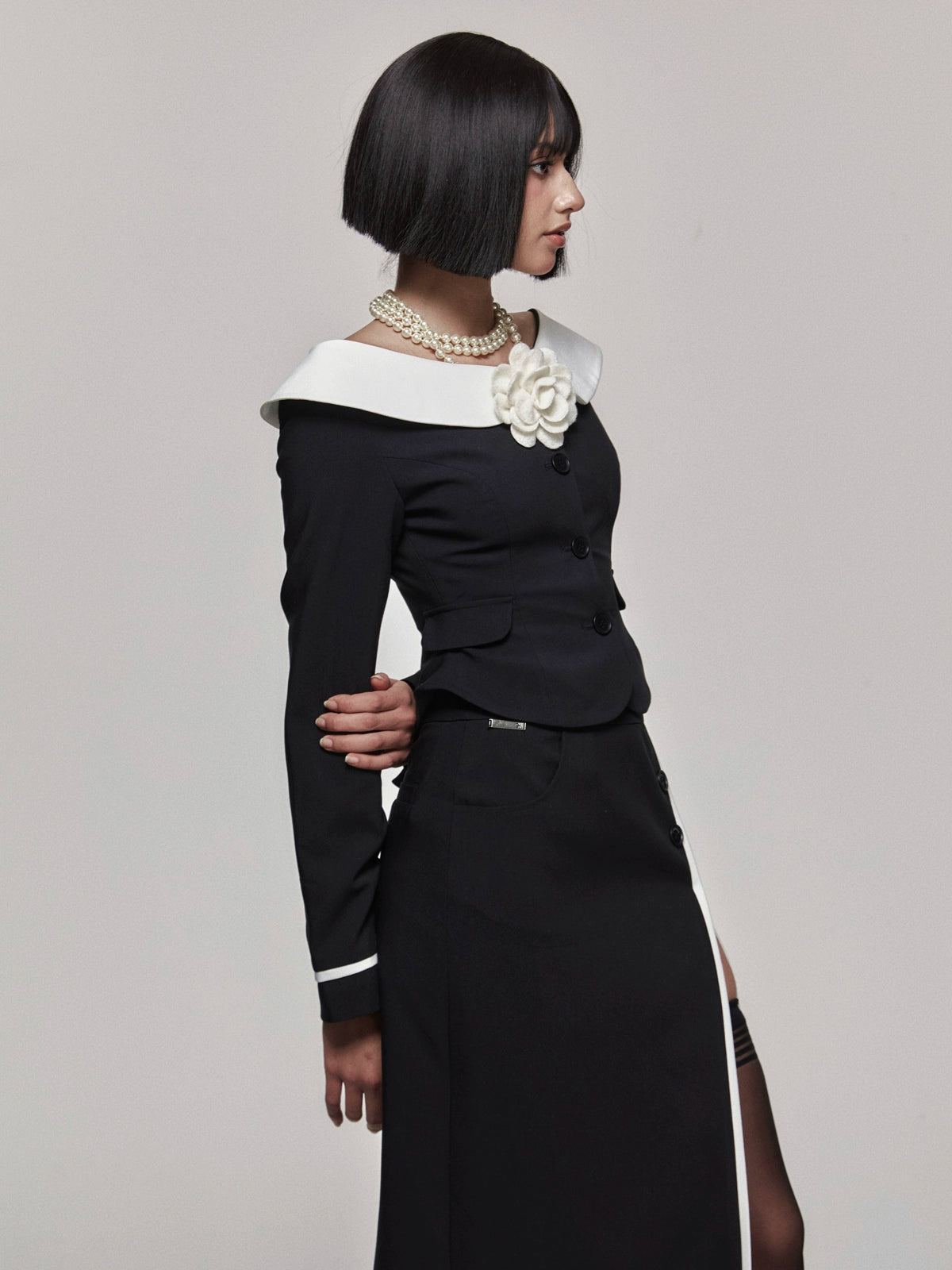 Monochrome Asymmetrical Blazer Set With Hourglass Top And Slimming Long Skirt - chiclara