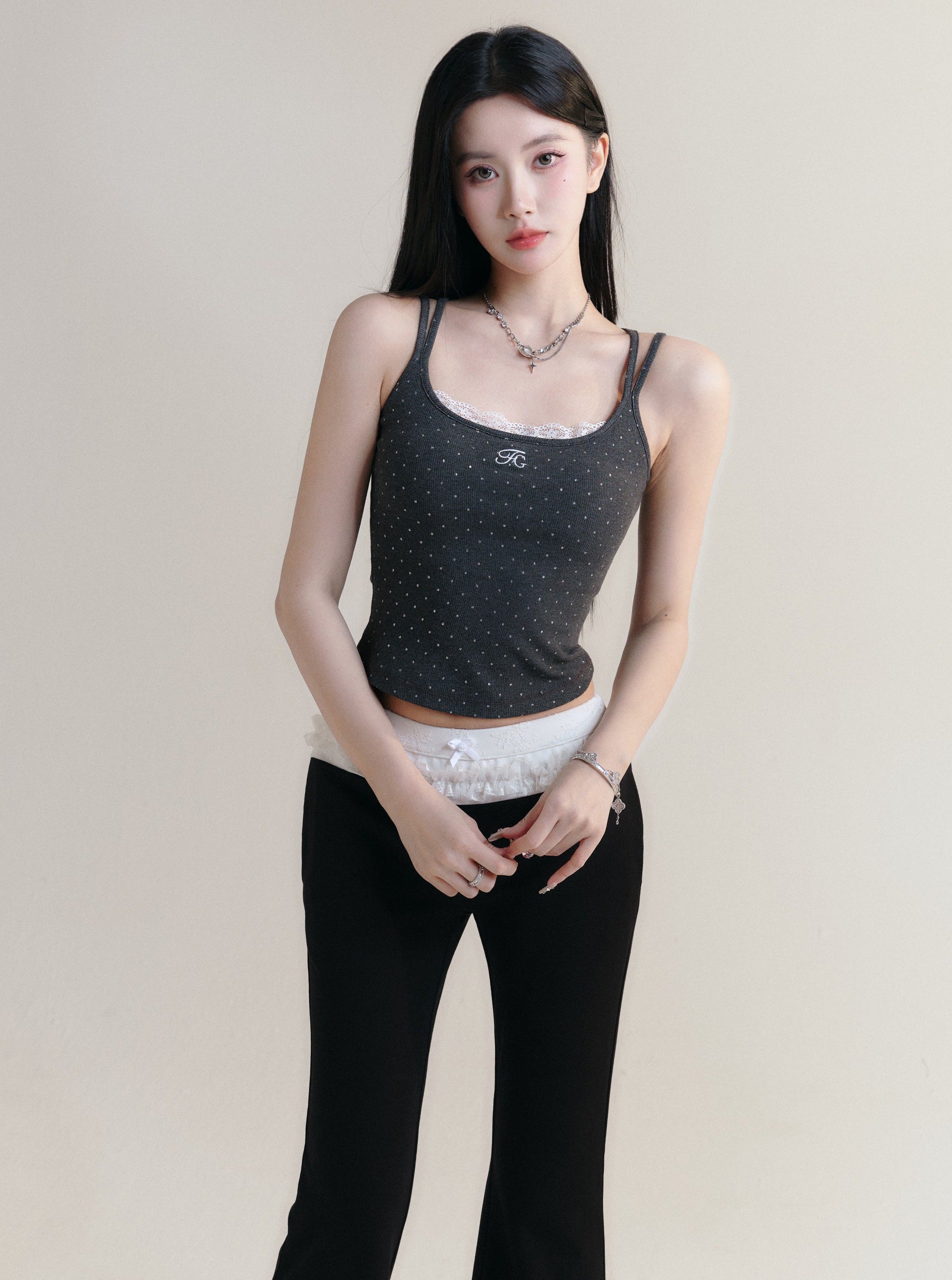 Chic Polka Dot Spaghetti Strap Crop Top in Black