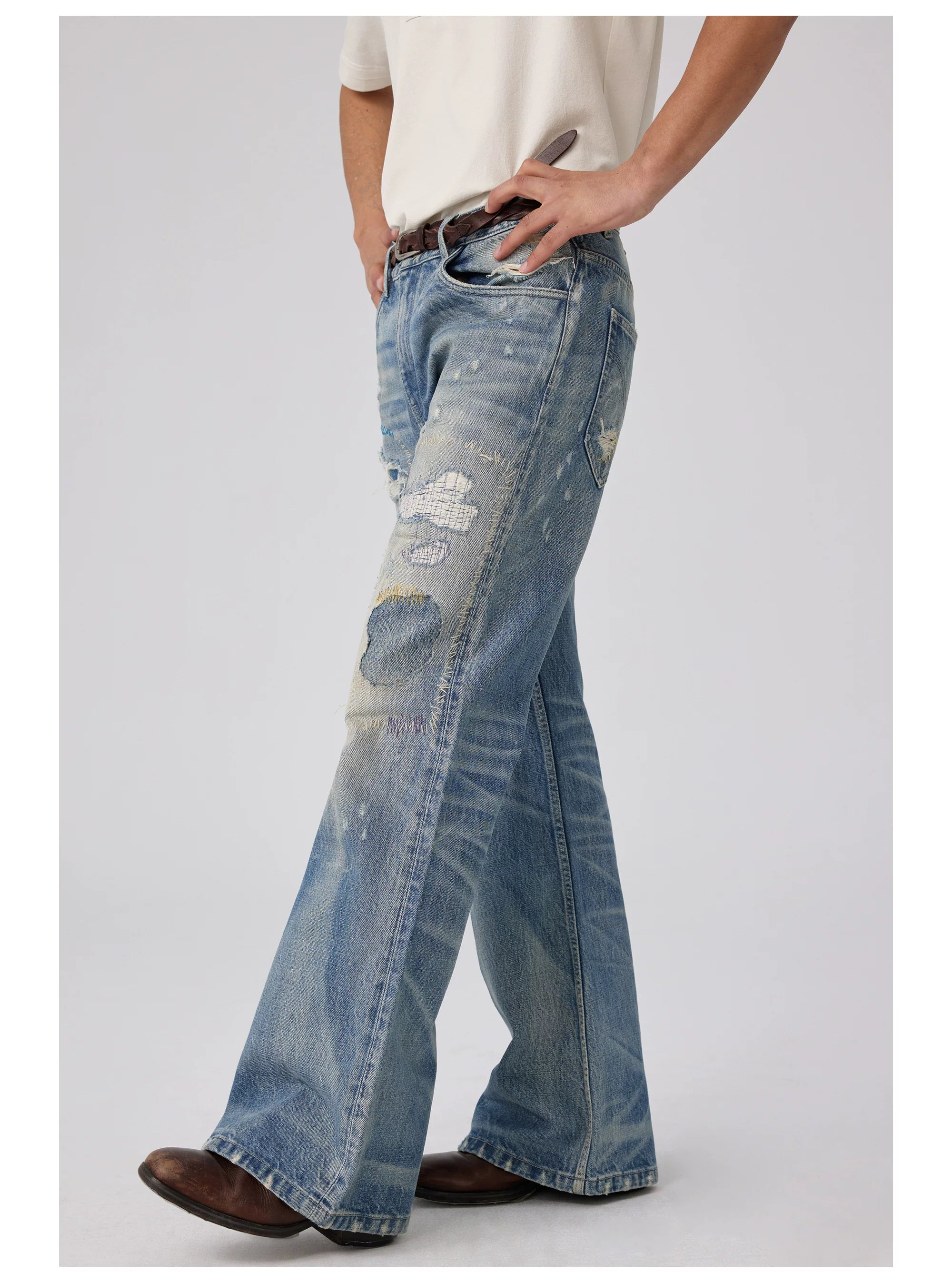Distressed Patchwork Flared Jeans