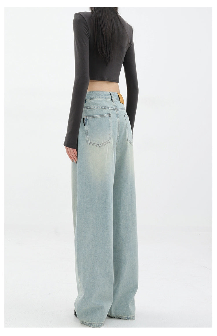 Blue Retro Loose Straight-Leg High-Waist Floor-Length Jeans - chiclara