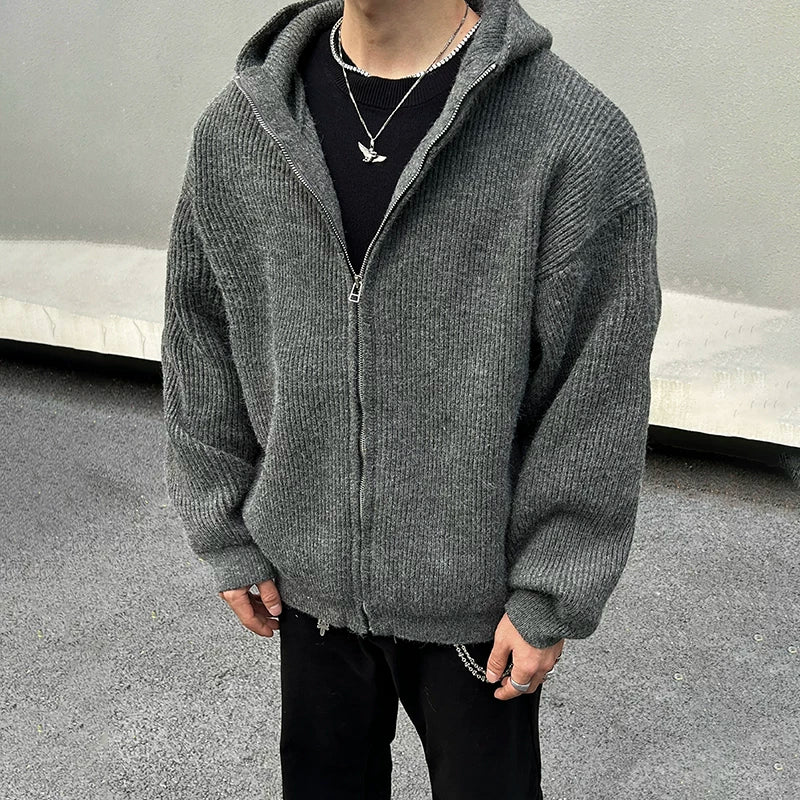Charcoal Rib-Knit Zip Hoodie