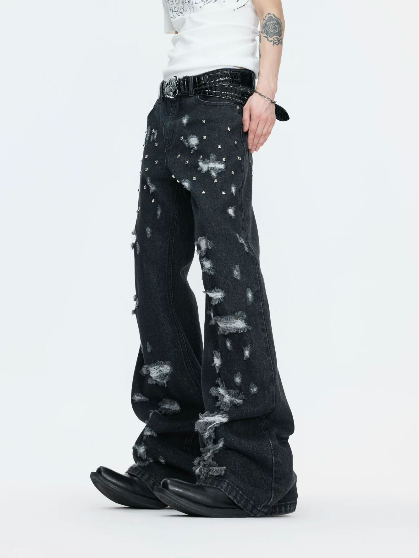 Distressed Studded Wide Leg Jeans