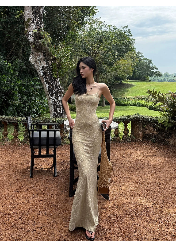 Beige Lace Mermaid Maxi Dress