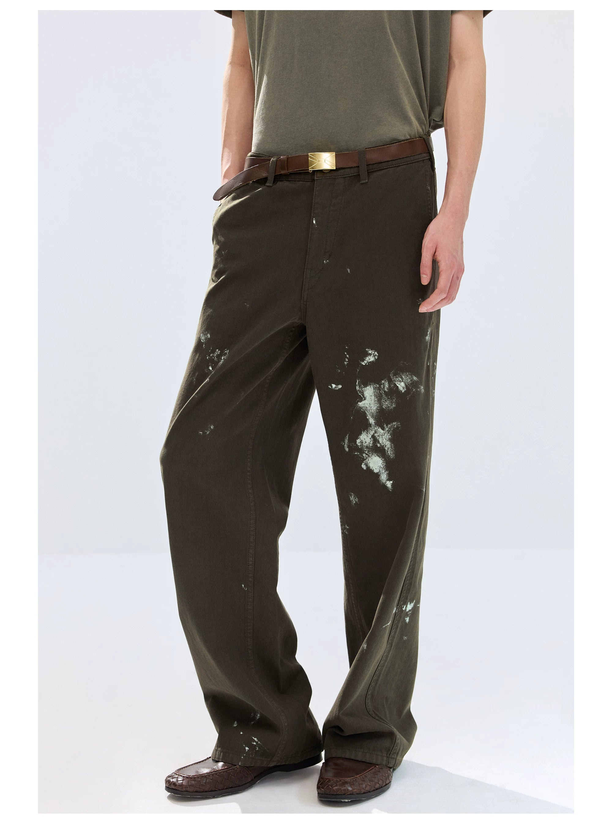 Dark Olive Paint-Splatter Straight-Leg Pants