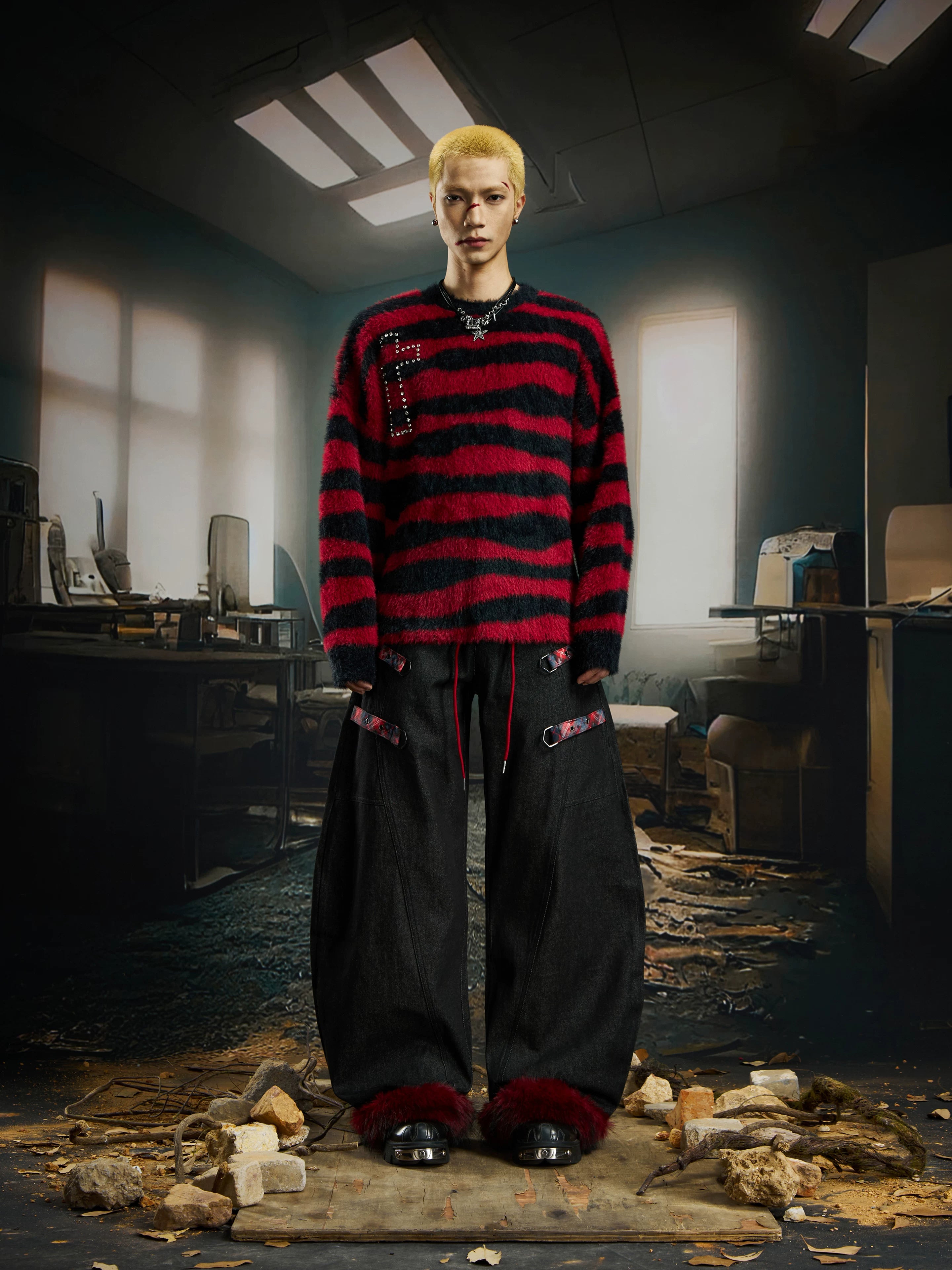 Cuff Flannel‑Trim Furry Hem Pants