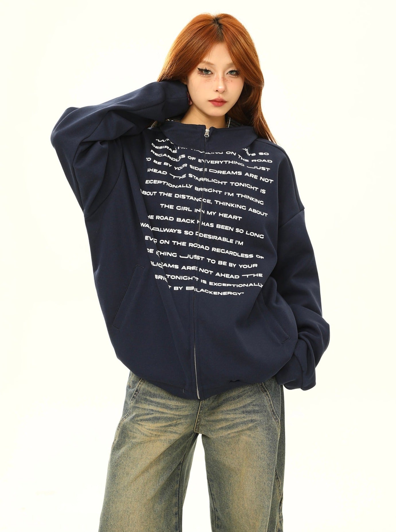 Oversized Text Print Zip-Up Sweatshirt