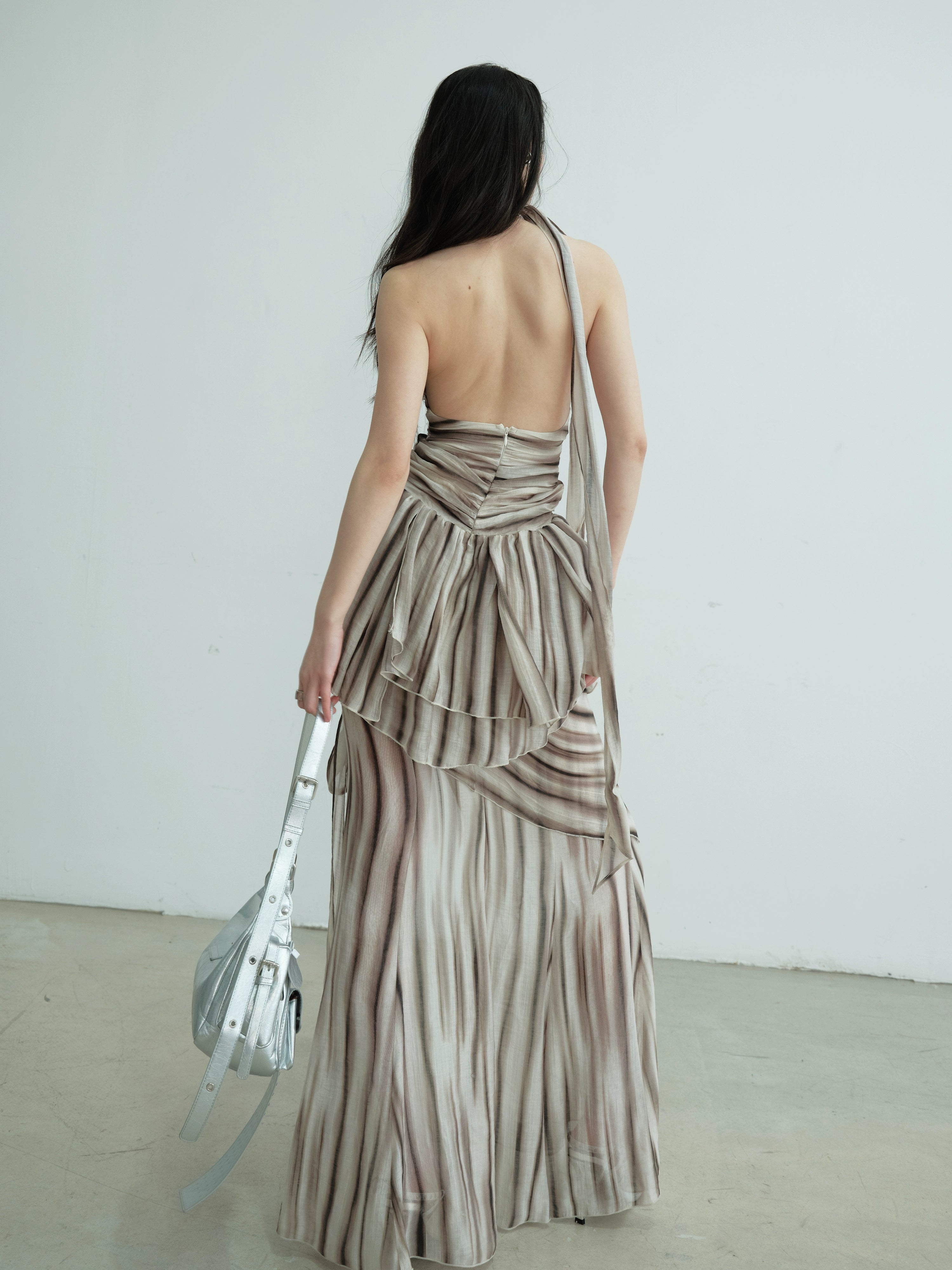 Ruched Halter Striped Two-Piece Dress Set