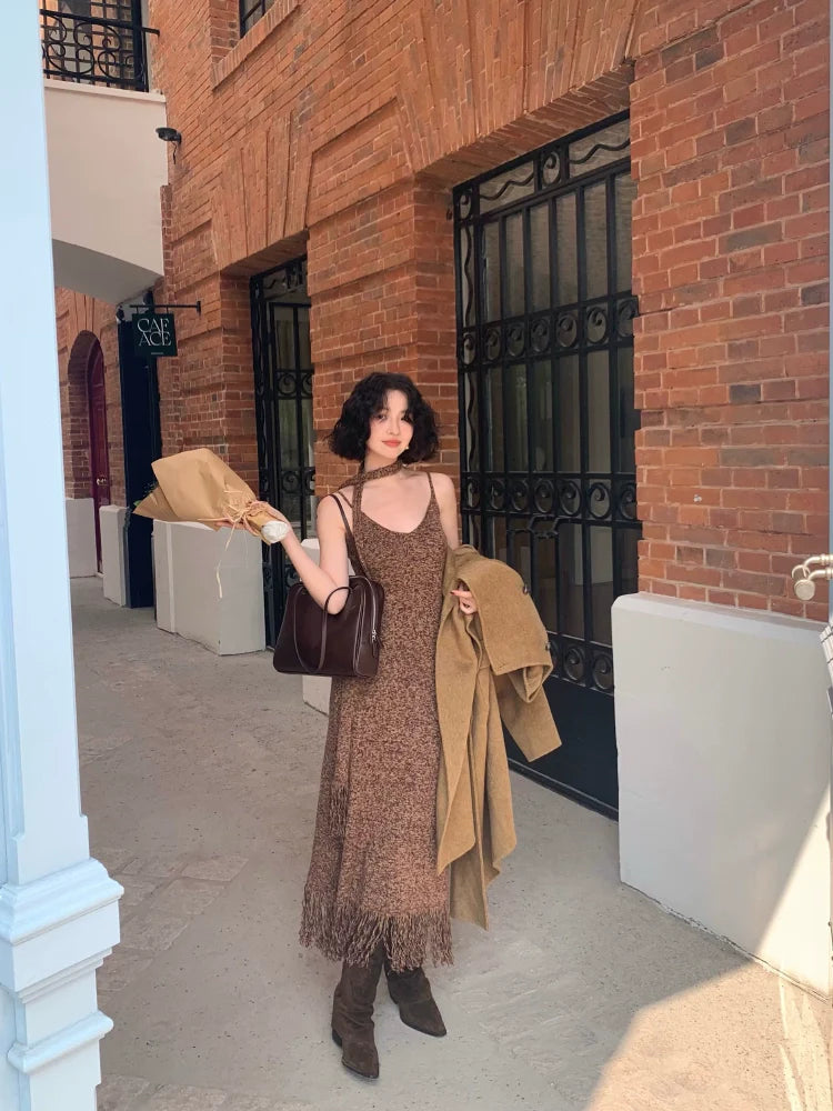 Sleeveless Knit Maxi Dress with Fringe Hem