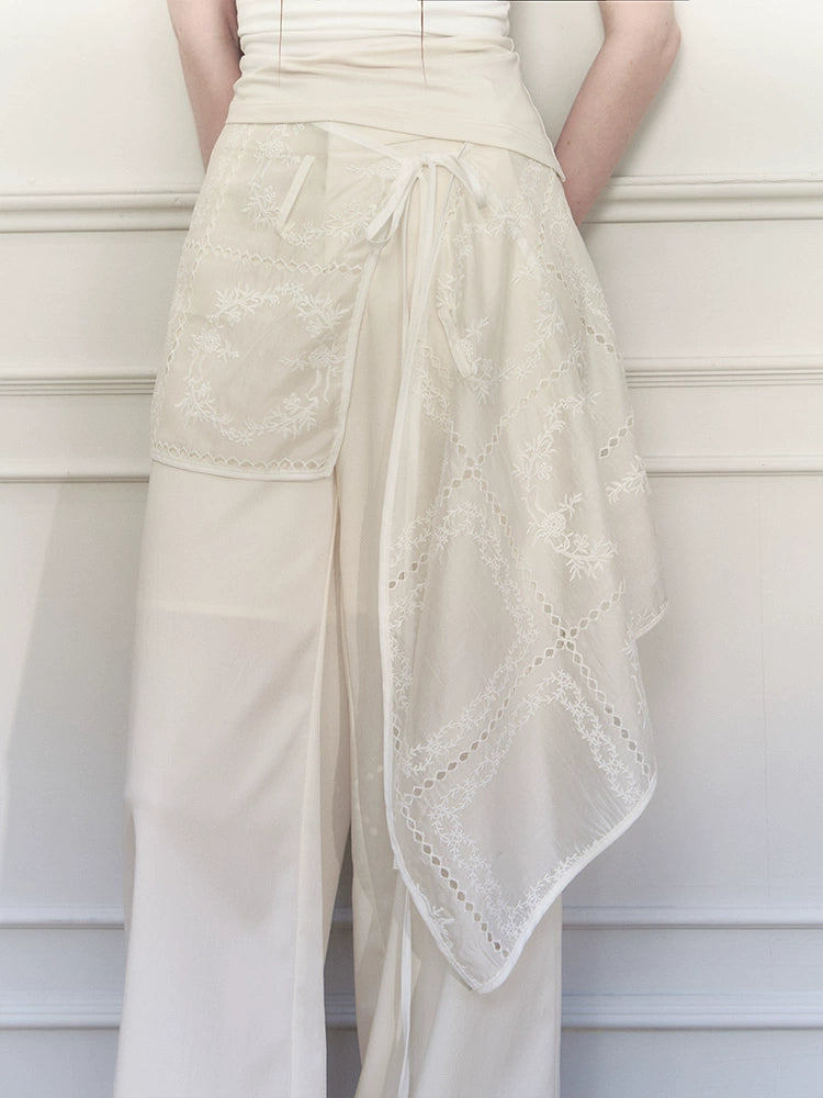 Embroidered Wrap Skirt Wide-Leg Trousers