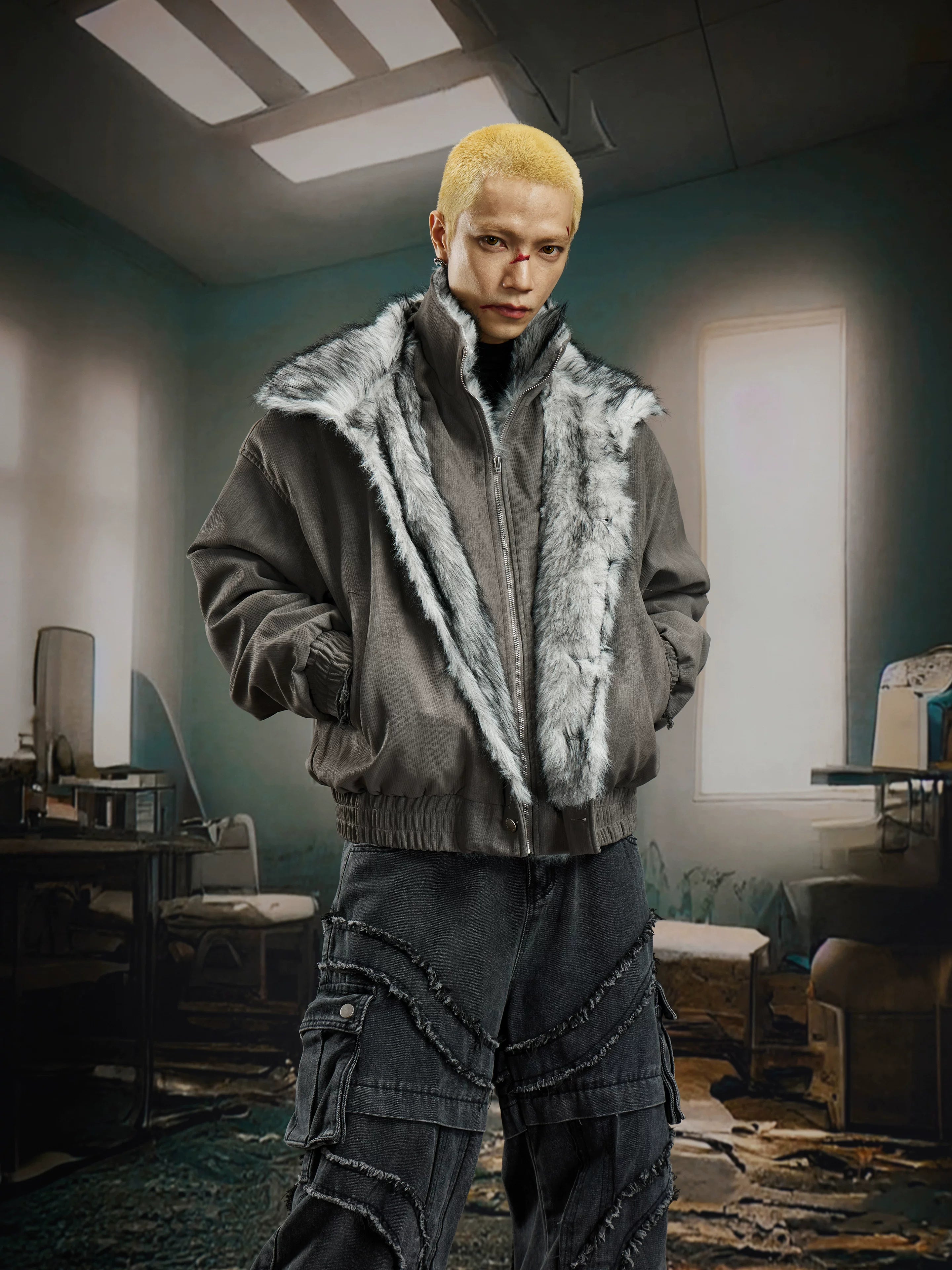 Glacier Veil Wolf‑Trim Bomber Jacket