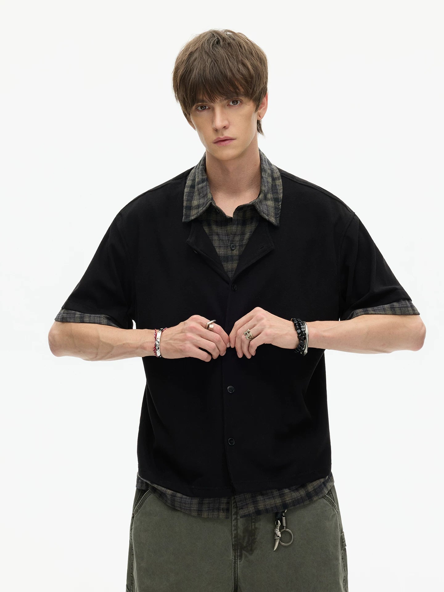 Layered Plaid Hem Knit Shirt